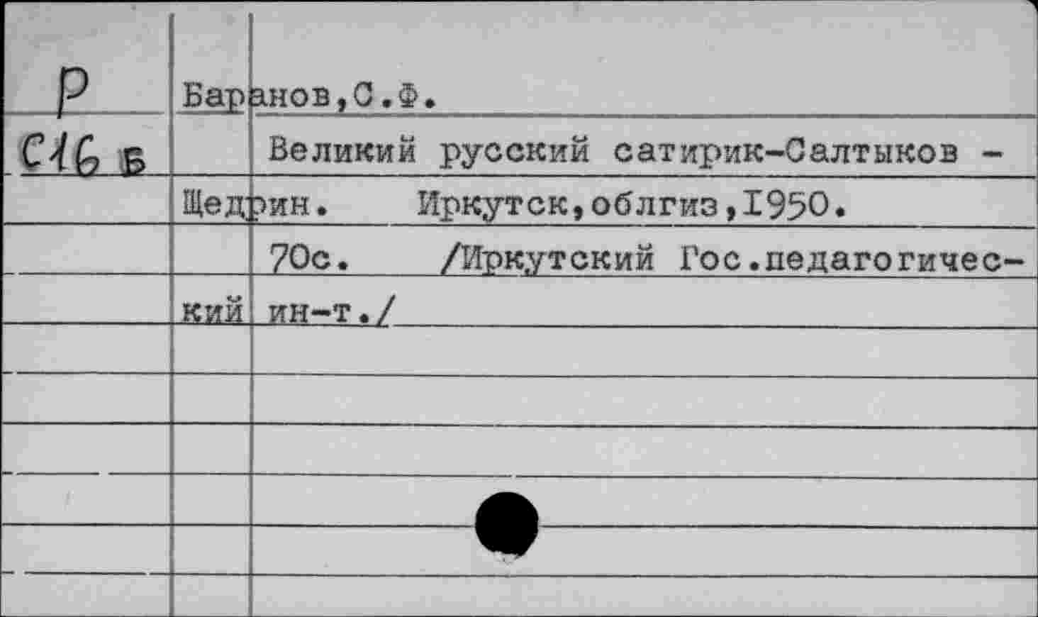 ﻿_в_	Бар	1 анов,С.Ф.
С1& Б		Великий русский сатирик-Салтыков -
	Щец	эин.	Иркутск,облгиз,1950.
		70с.	/Иркутский Гос.педагогичес-
	кий,	ин-т./
		
		
		
		
		
		